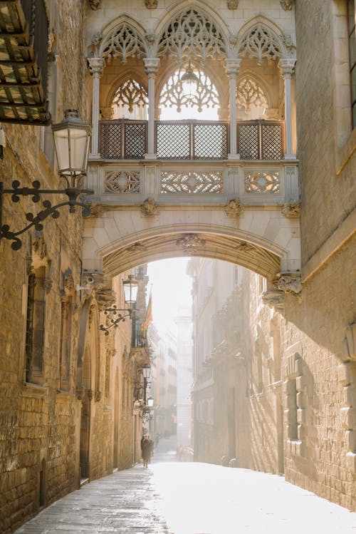 Ornate Footbridge above Carrer del Bisbe Street in Barcelona, Spain