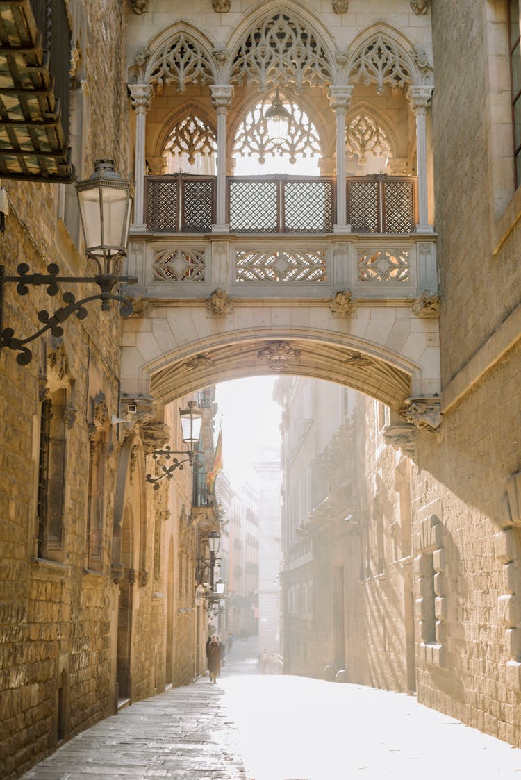 Ornate Footbridge Above Carrer Del Bisbe Street In Barcelona, Spain