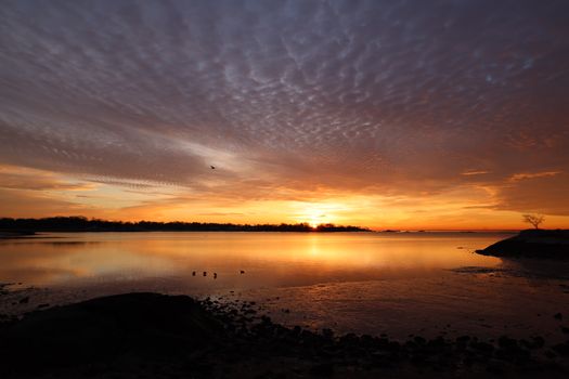 A serene sunset over calm ocean waters with a dramatic sky and distant horizon.