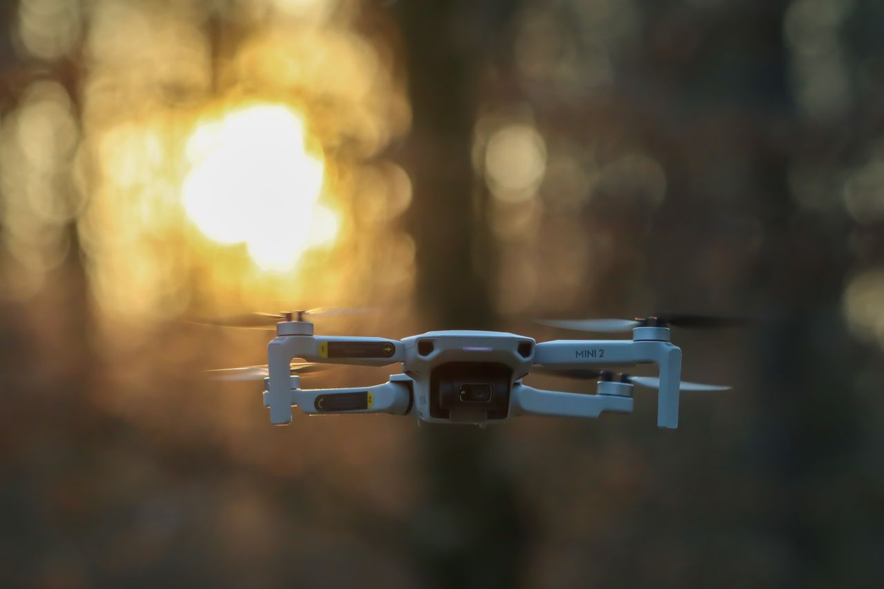 a drone flying in a sunlit forest highlighting modern aerial technolog