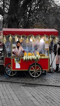 Man selling corn on the street from a colorful red cart under lit lamps.