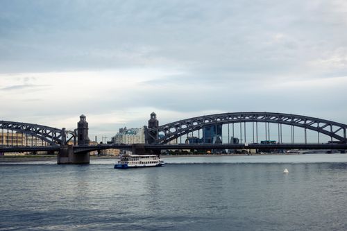 Free View of the Peter the Great Bridge over the Neva River in Saint Petersburg, Russia. Stock Photo