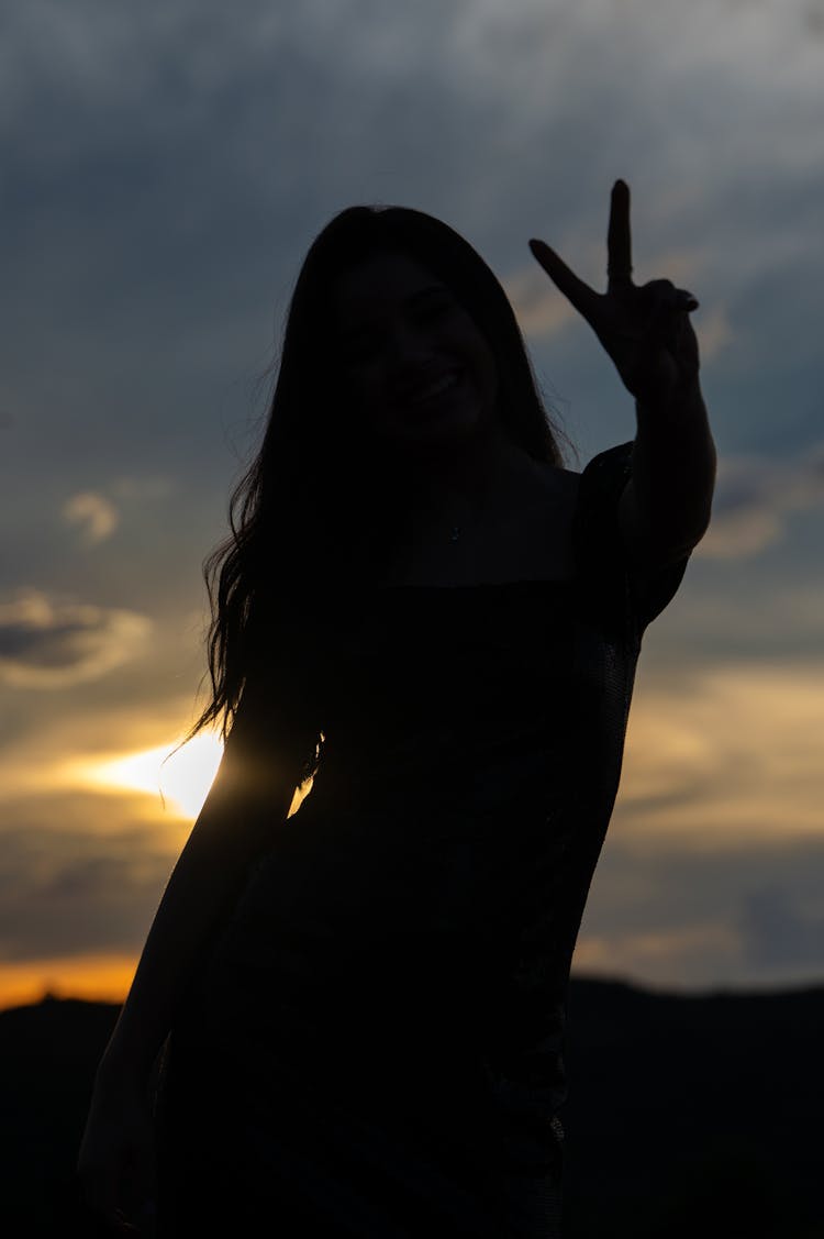 Silhouette Of A Woman Making A Gesture Against The Sky At Dusk