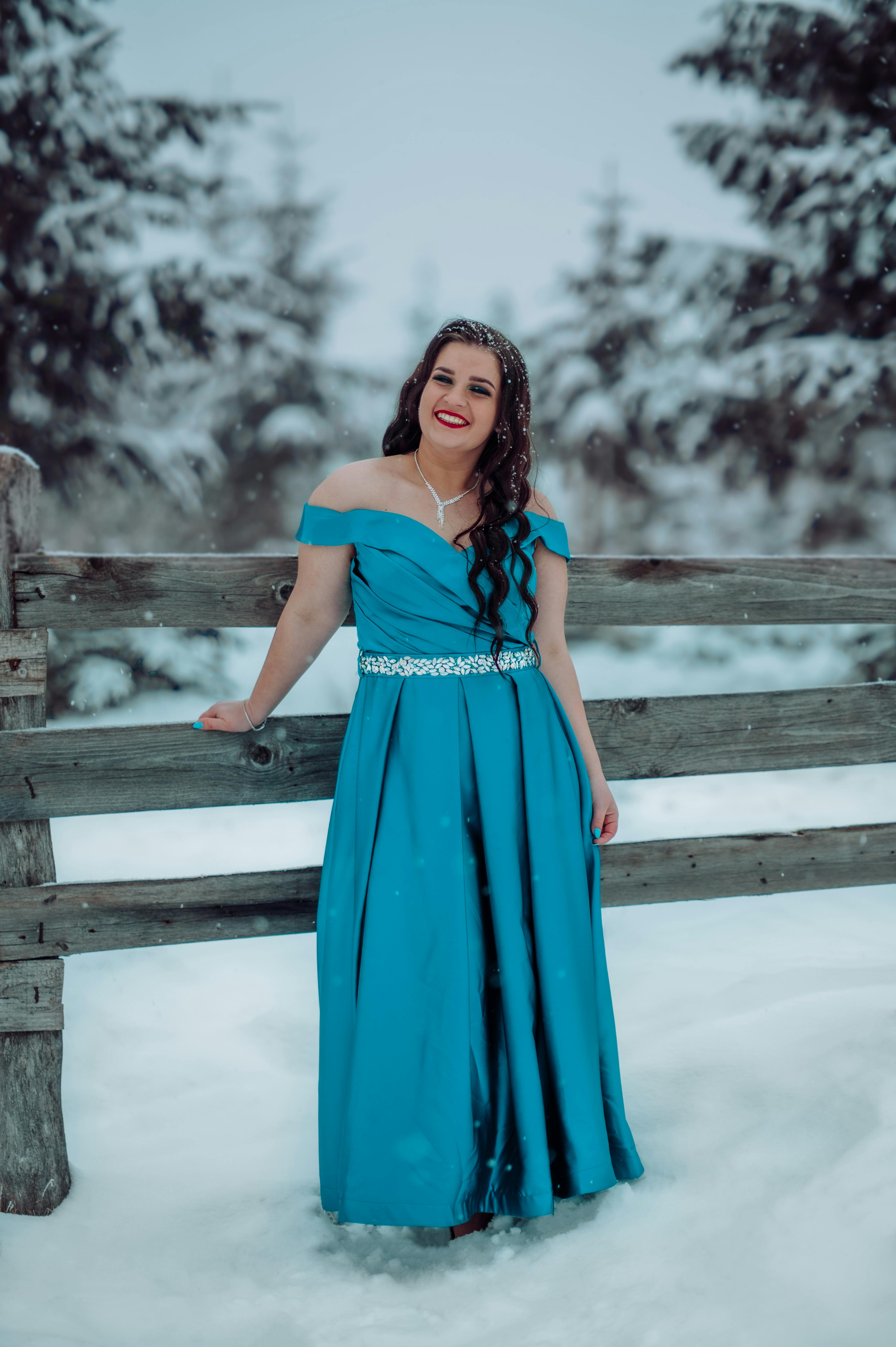 HD wallpaper: winter, women, baskets, women outdoors, blue dress, snow,  tree