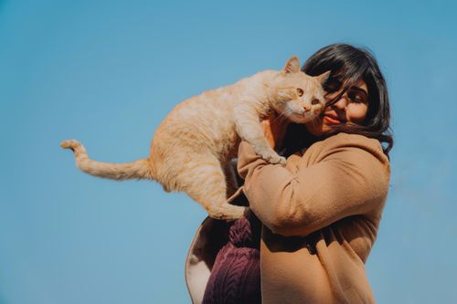 Free A joyful woman in a coat hugs a ginger cat outdoors against a clear blue sky. Stock Photo
