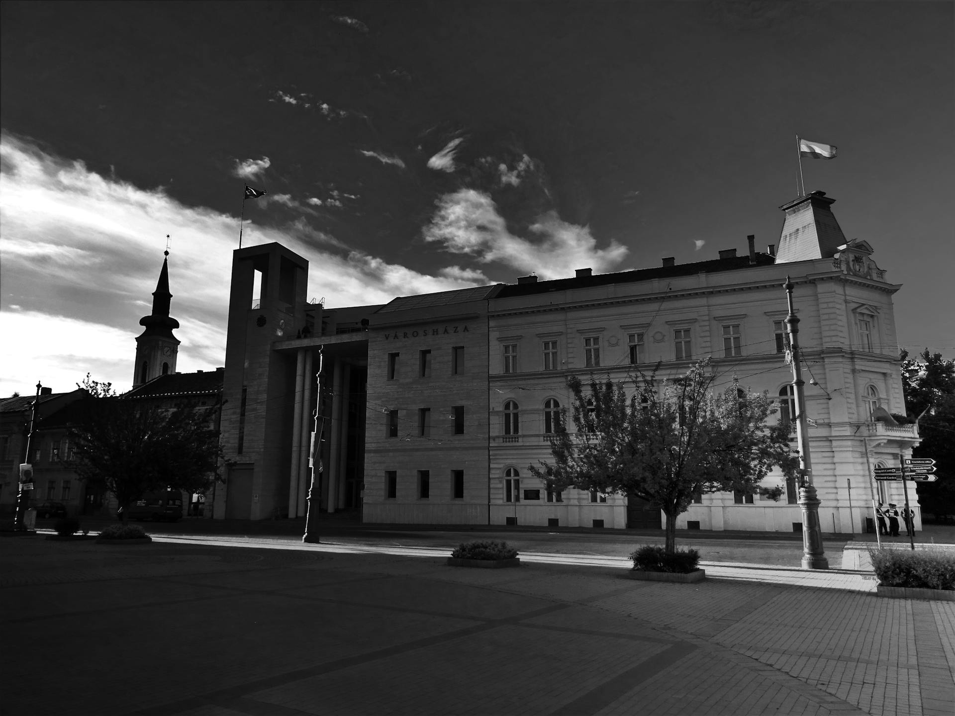 A striking black and white image of a historic government building with classic architectural details.