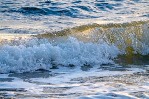 Free A vibrant ocean wave crashing with foam and sunlight reflections, showcasing nature's power. Stock Photo