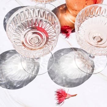 Top view of ornate crystal glasses with rosé wine and pink flowers casting shadows on a table.