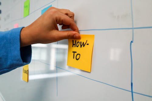 Hand Placing Sticky Note on Whiteboard