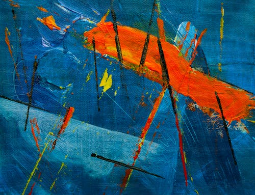 Lukisan Abstrak Biru, Oranye, Dan Hitam