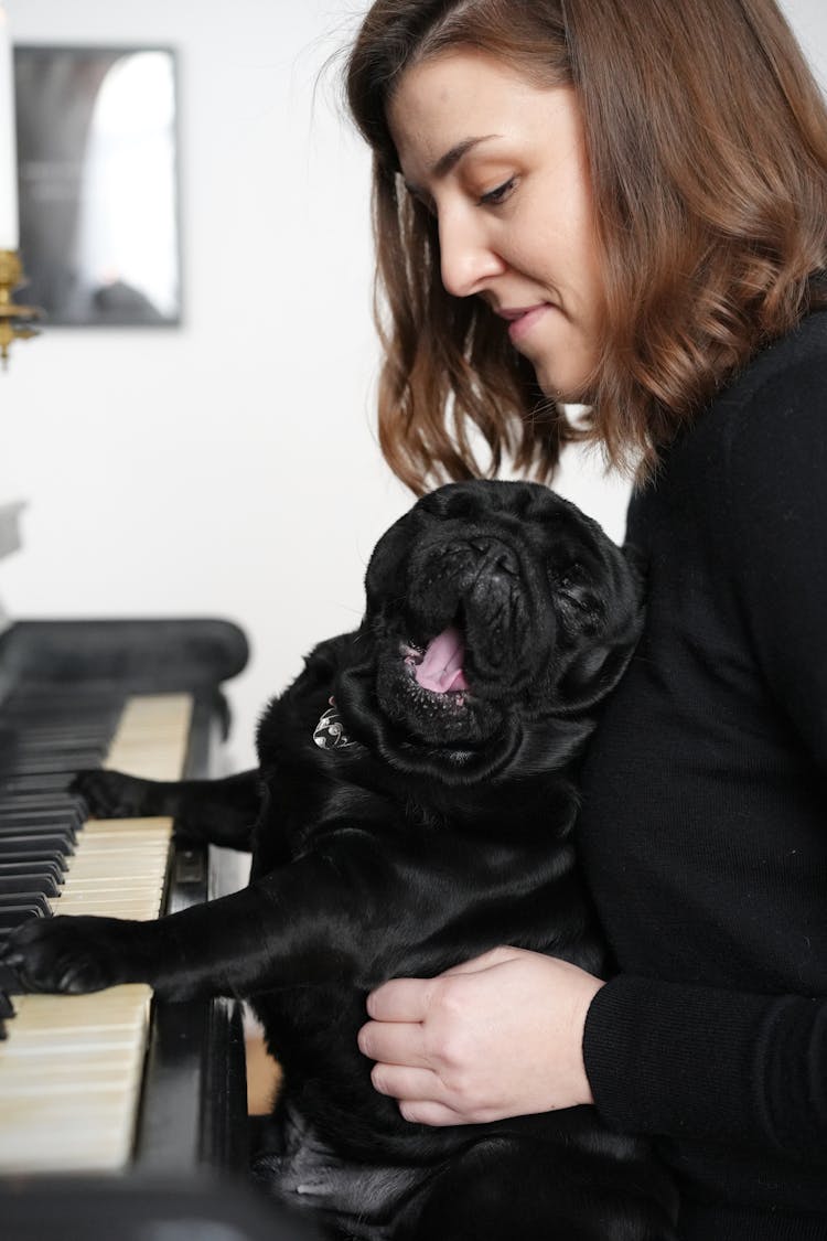 Woman And Cute Dog Playing Piano