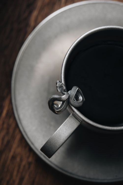 Free A stylish silver coffee cup on saucer with a snake-shaped ring for a unique look. Stock Photo