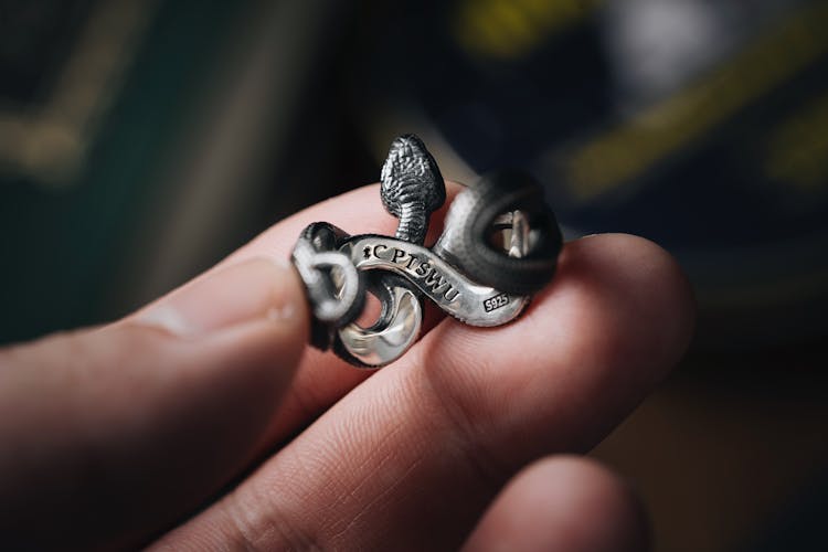 Person Holding A Silver Snake Ring