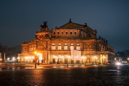 Stunning view of Semperoper in Dresden during the blue hour, beautifully illuminated.