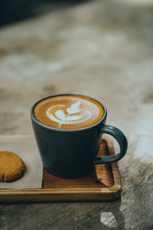 Gratis arkivbilde med brett, cappuccino, cookie