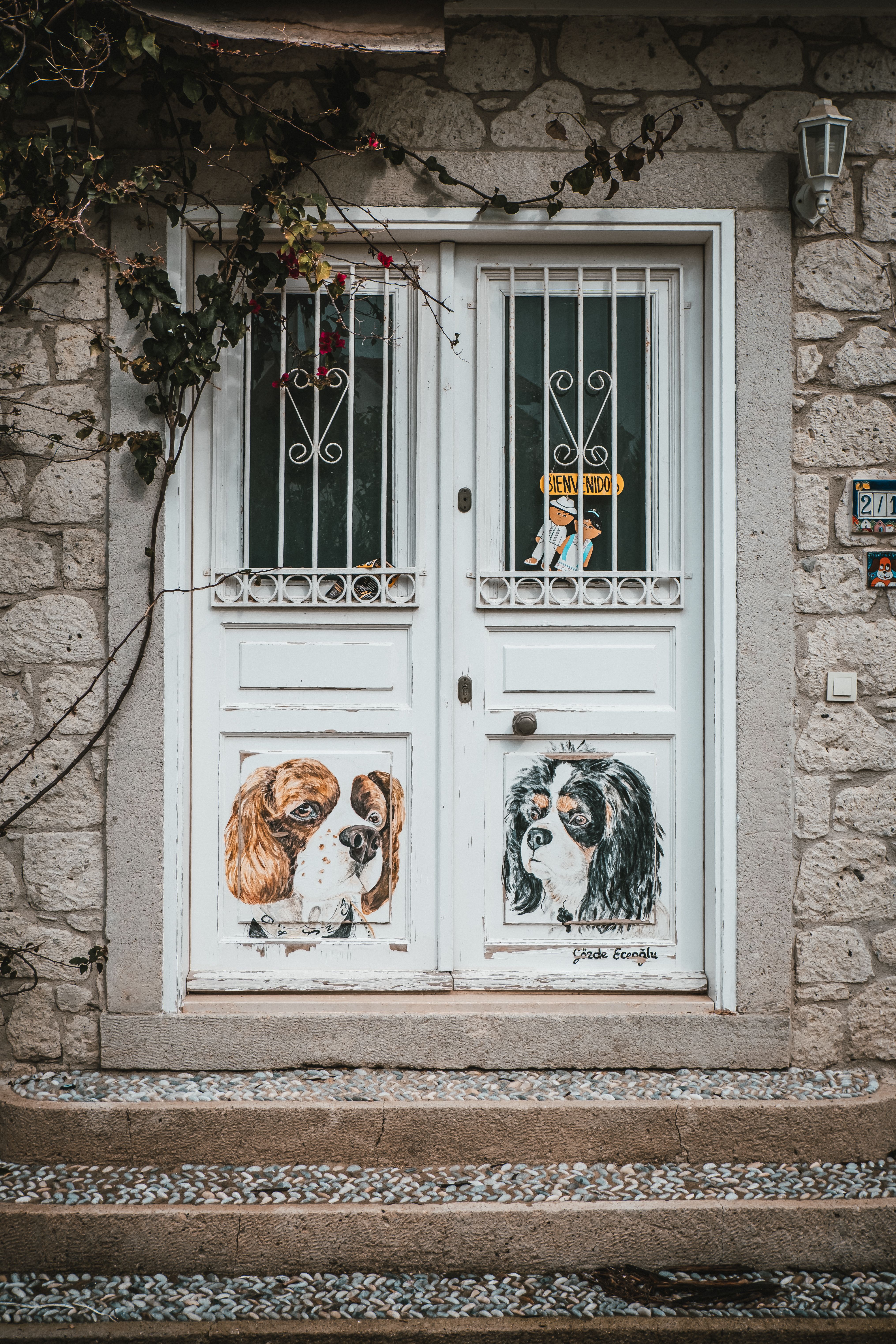 Vintage style door with dog art in a stone facade entrance.