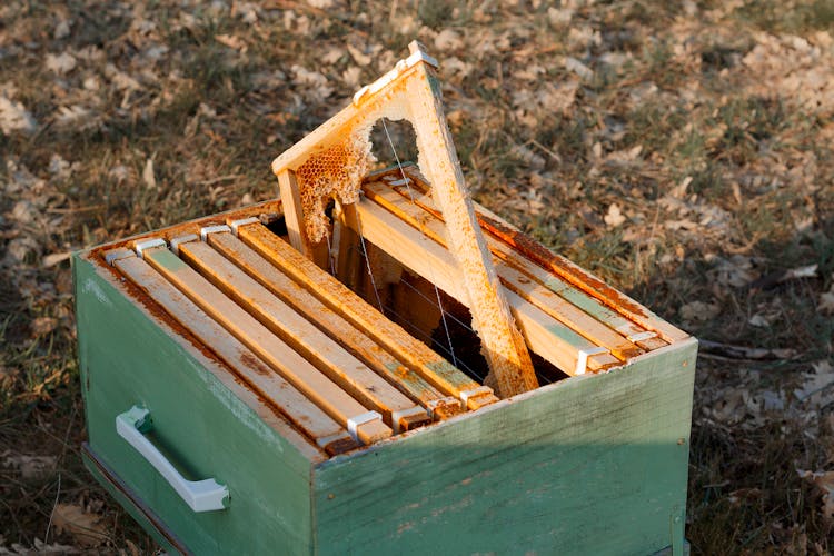 A Box With Wooden Frames From A Beehive 