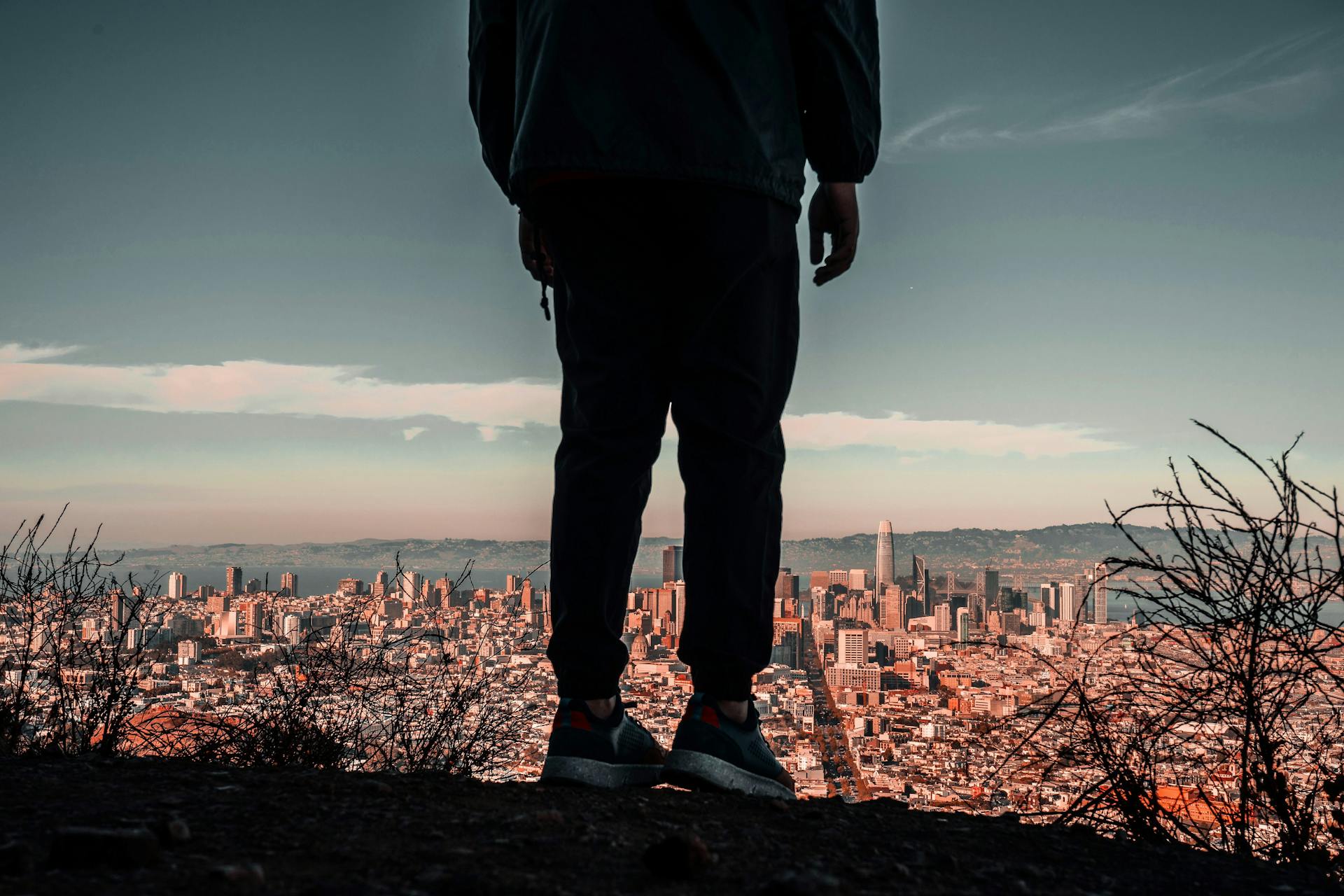 Silhouette of a person overlooking the stunning San Francisco skyline at dusk.