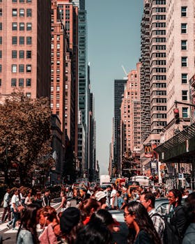 充满活力的日光捕捉到了纽约市拥挤的街道，以及高耸的摩天大楼之间的景象