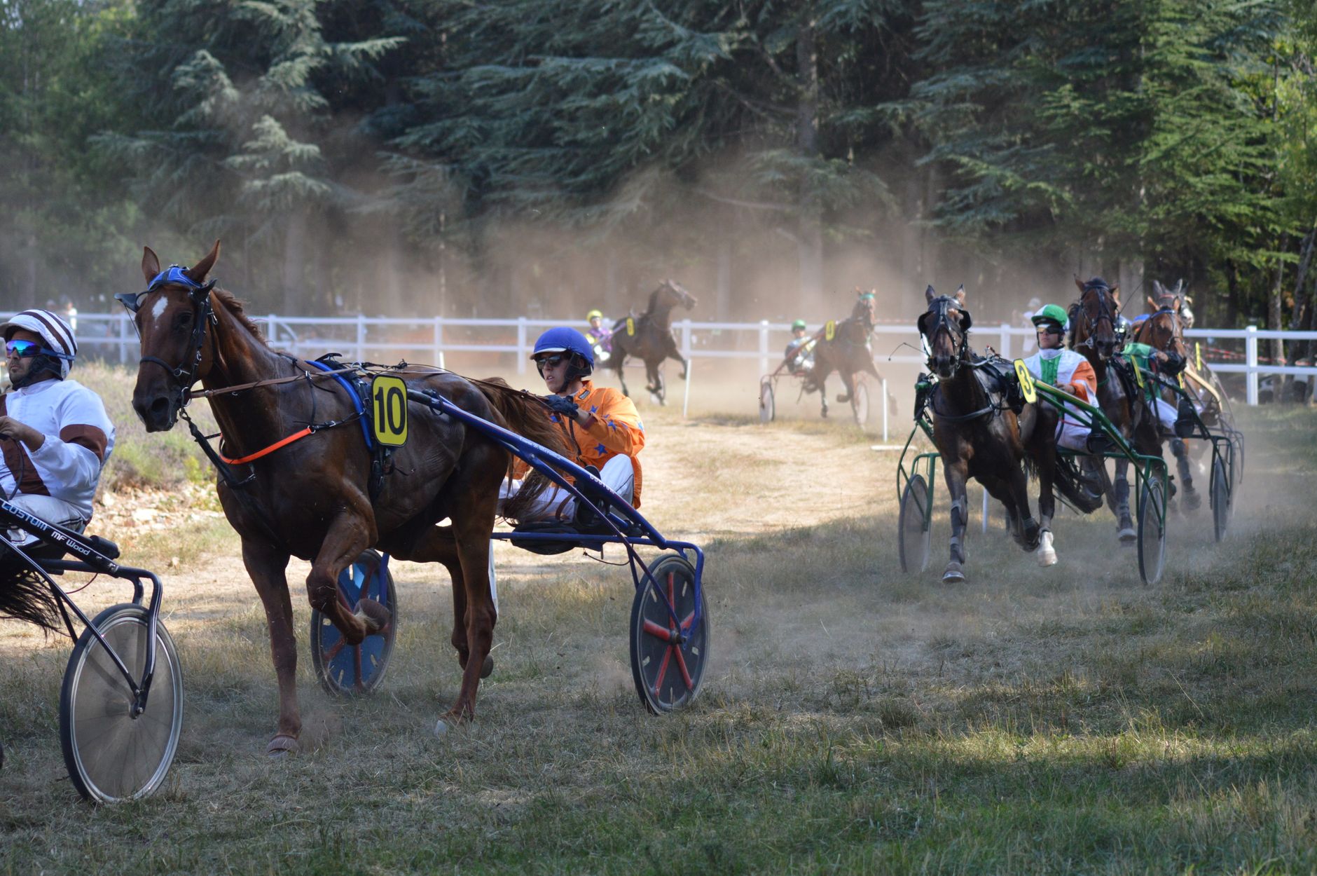 Exciting harness race with jockeys competing on dirt track. Outdoor sporting event showcasing speed and strategy.