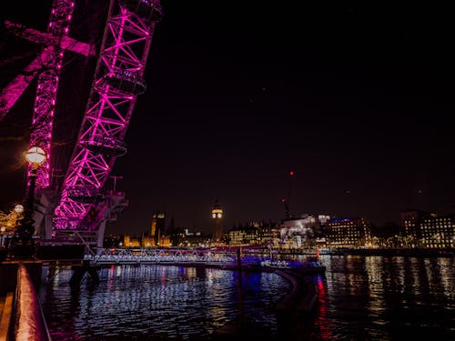 Illuminated London Eye and the View of Big Ben from across Thames 