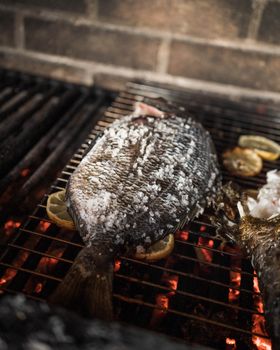 A savory grilled fish with lemon slices on a hot charcoal grill, perfect for a smoky culinary experience.