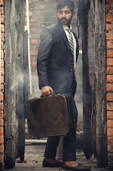 A young man in a suit stands with a vintage suitcase in a rustic setting.