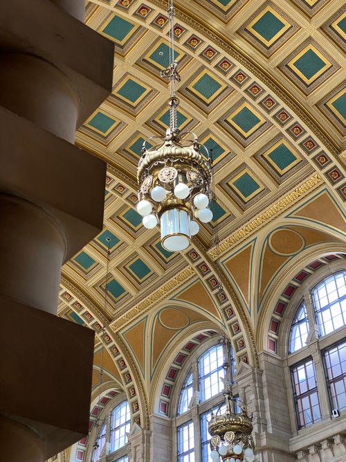 Free Exquisite ornate baroque ceiling with chandeliers in a historic Glasgow, Scotland landmark. Stock Photo