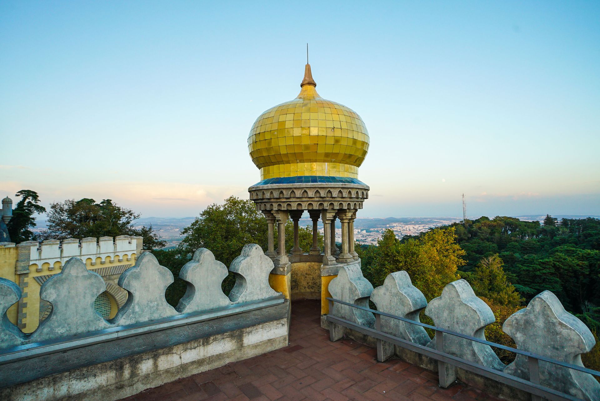 Golden-domed turret at Pena Palace, Sintra Portugal, showcasing Moorish revival architecture