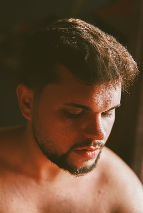 Close-up of Young Bearded Topless Man