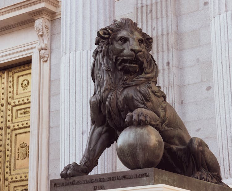 Lion Sculpture In Front Of The Congress In Madrid