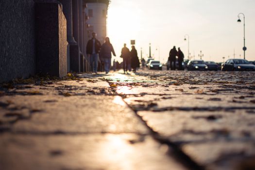 Low angle view of people walking on city street during autumn sunset with leaves on pavement.