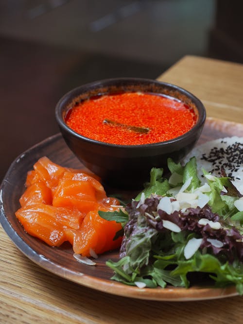 Plate with Salmon, Salad and Soup