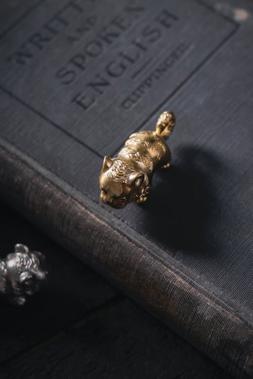 Figurine of Cat Standing on Old Book