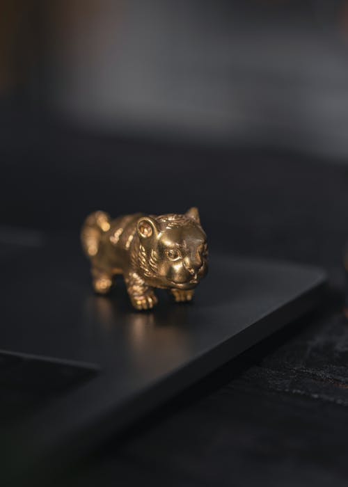 Close-up of Gold Figurine on Table