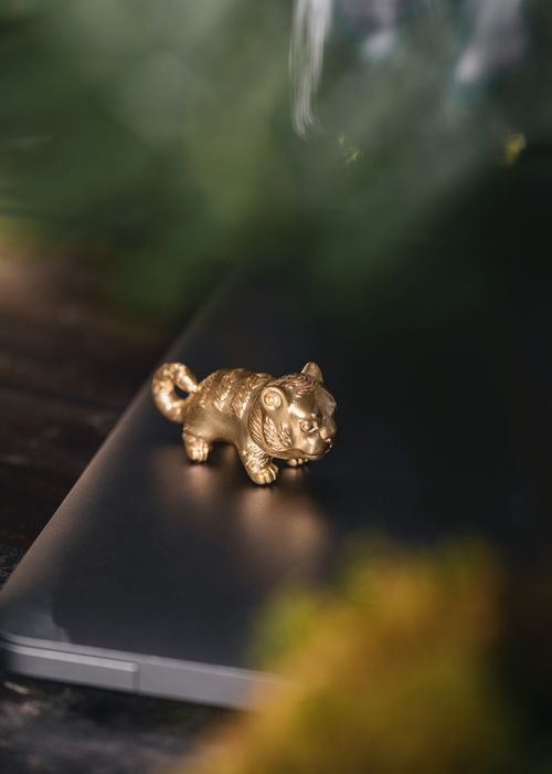Free Golden figurine of an animal placed on a laptop amidst soft nature surroundings, providing an artistic touch. Stock Photo