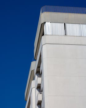 Low angle view of a modern building facade with a clear blue sky background, showcasing urban architecture.