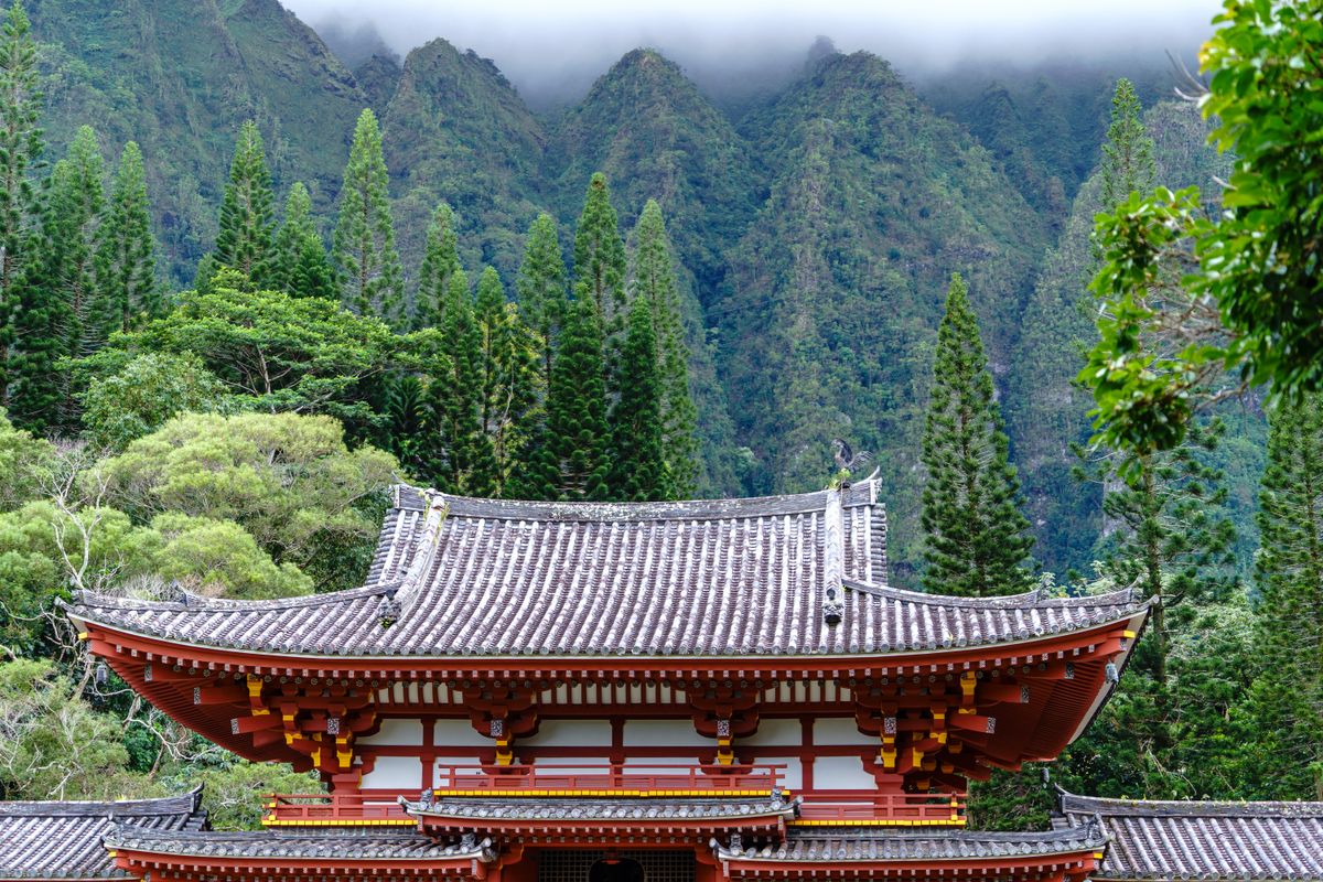 Mountain temple path with stone steps in Japan