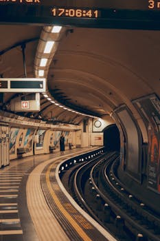 Atmospheric view of a London Underground station with curved tunnels and tracks.