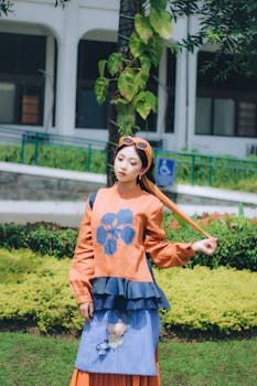 Young woman posing in a vibrant dress in a Bandung garden. Fashion and nature blend.