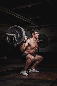 Shirtless man performing a barbell squat, showcasing strength and fitness.