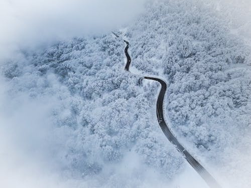 Aerial Photography of a Highway Running through Forest in Winter 