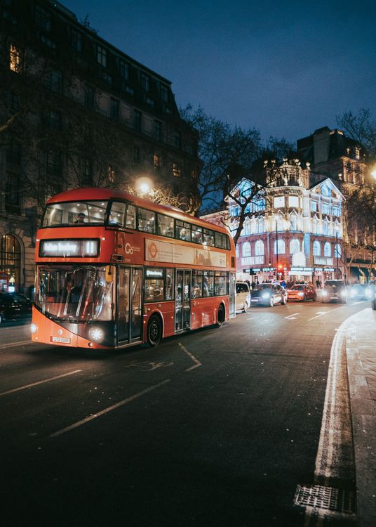 Double Decker Bus Driving Through London At Night Free Stock Photo double-decker-bus-driving-through-london-at-night-free-stock-photo
