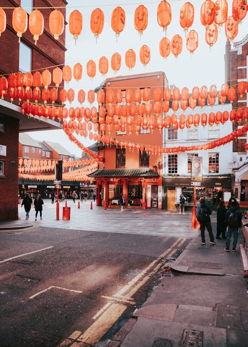 Red Lanterns Decoration over a Street in London Chinatown 