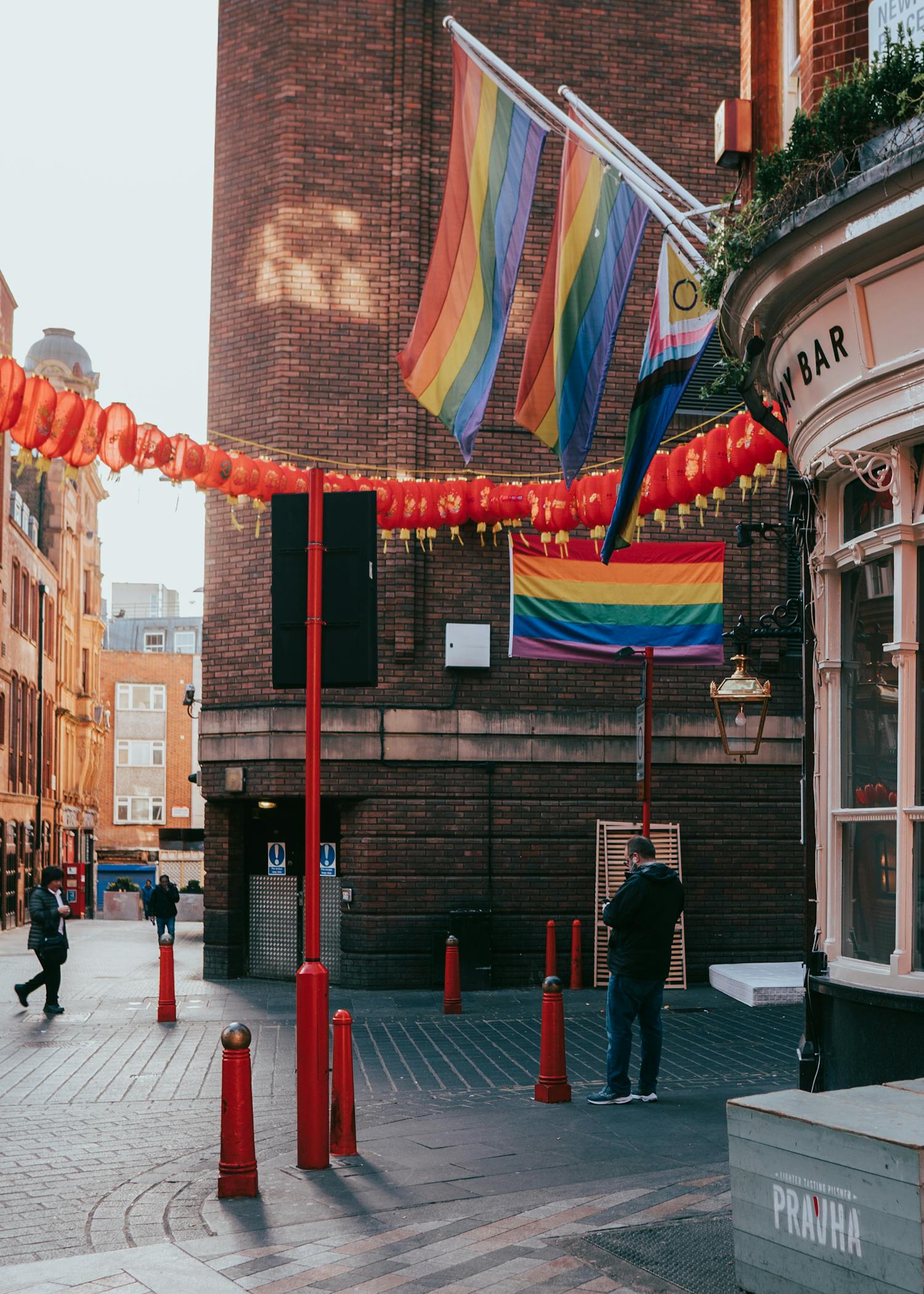 Vibrant London Chinatown with Rainbow Flags