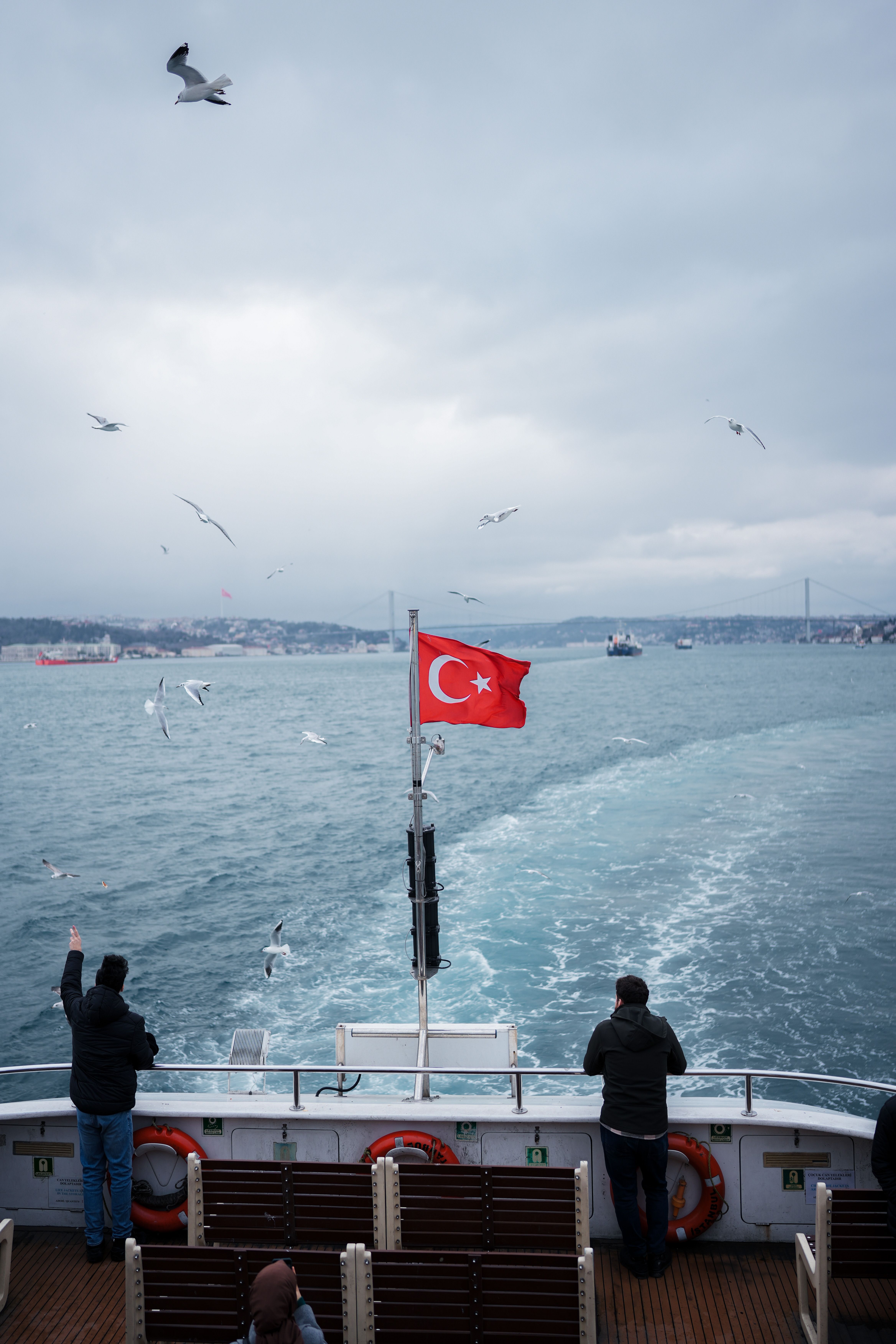 Free A serene cruise on the Bosphorus with Turkish flag and seagulls in Istanbul, Turkey. Stock Photo