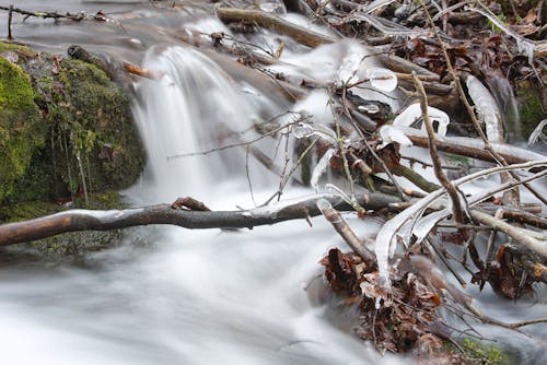 Water in a stream. Winter time Water flows around frozen rocks and branches. Cold temperatures in nature.