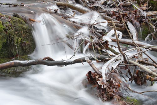 Water in a stream. Winter time Water flows around frozen rocks and branches. Cold temperatures in nature.