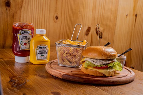 Burger and Chips on a Wooden Tray 