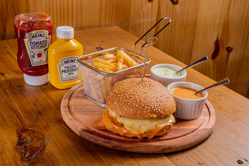 Cheeseburger with Dips, French Fries, Ketchup and Mustard